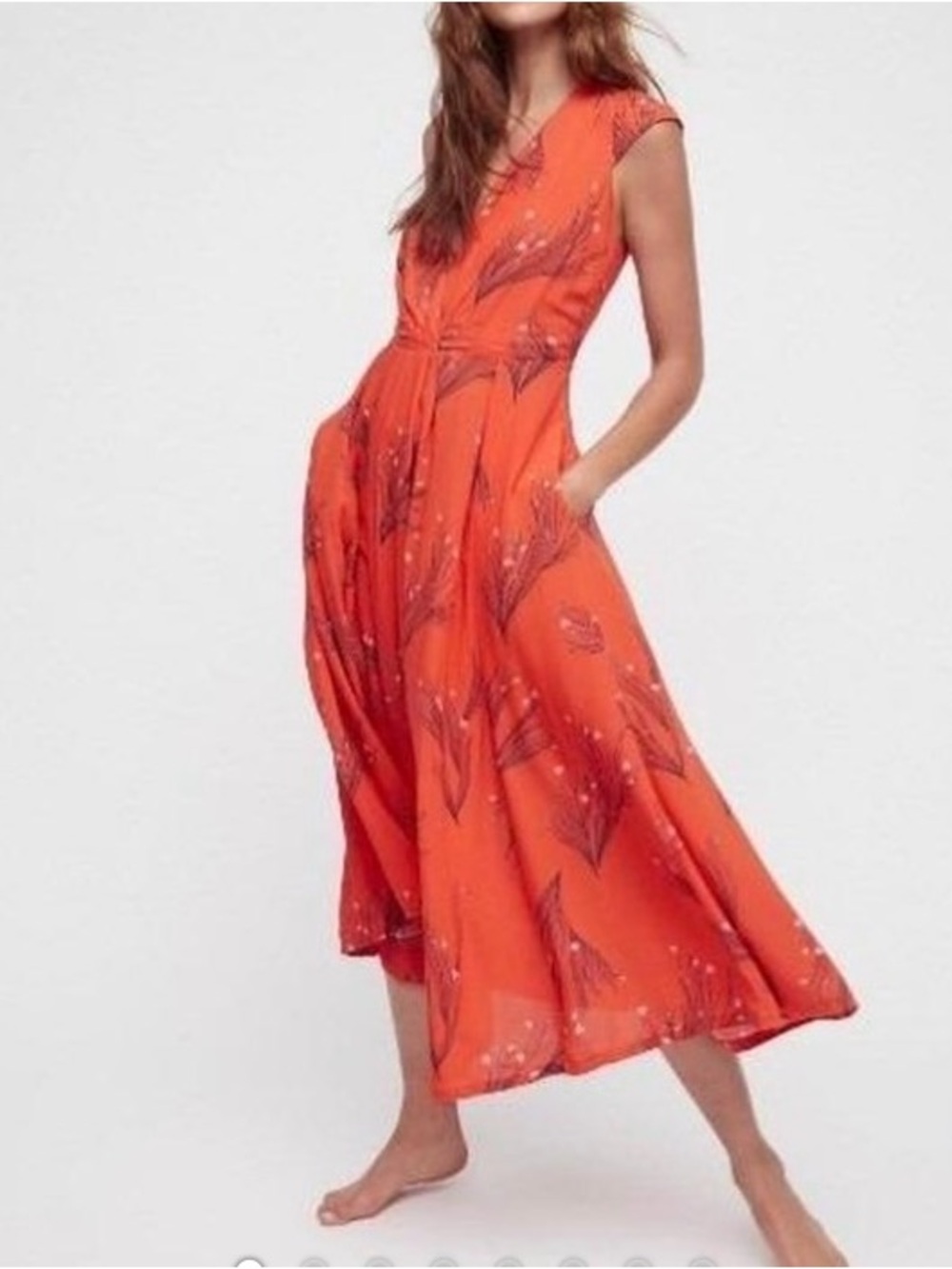 Free People Dress Sz 6 V Neck Orange Red Botanical Long Flutter Cap Sleeve Boho